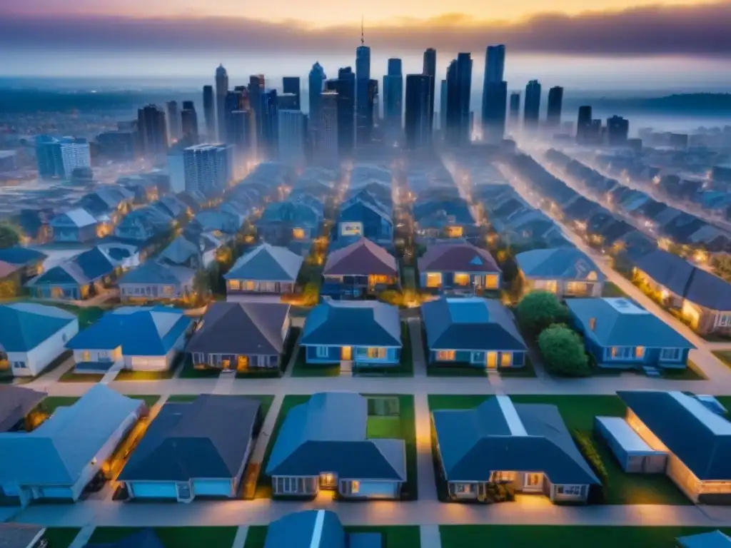 Contrastes urbanos: propiedades en abandono y revitalización en la ciudad Vista aérea impactante de propiedades en remate en la ciudad, mostrando contrastes entre abandono y renovación