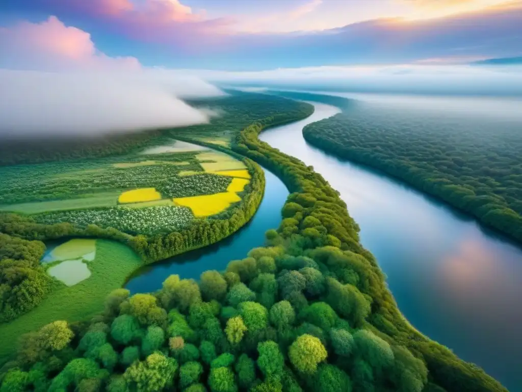 Reserva natural restaurada: belleza y armonía ecológica Vista aérea impresionante de área natural restaurada con diversidad y vida, resaltando proyectos participativos restauración áreas naturales