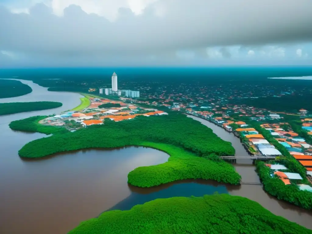 Descubre la fascinante ciudad de Paramaribo, Suriname: mezcla de arquitectura colonial y rascacielos modernos Vista aérea impresionante de Paramaribo, Surinam, muestra fusión arquitectónica colonial y moderna