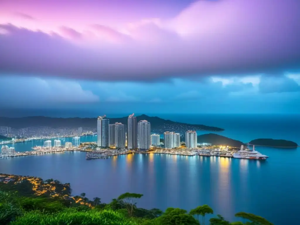 Horizonte de Port of Spain al anochecer: luces urbanas sobre el mar Vista aérea impresionante del atardecer en el horizonte de Puerto España, Trinidad y Tobago, con edificios modernos iluminados y el mar brillante