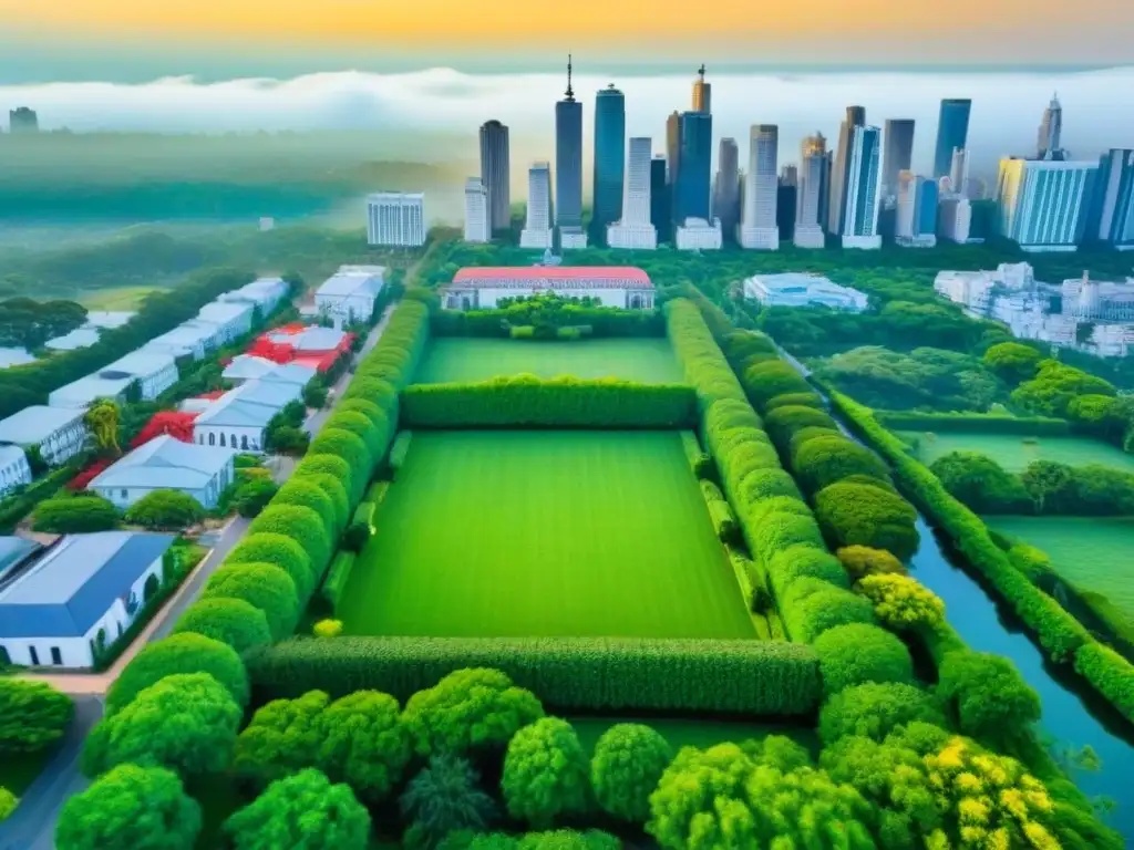 Contraste arquitectónico: barrio histórico vs Una vista aérea impresionante de un barrio histórico con edificios emblemáticos conservados rodeados de vegetación y rascacielos modernos al fondo