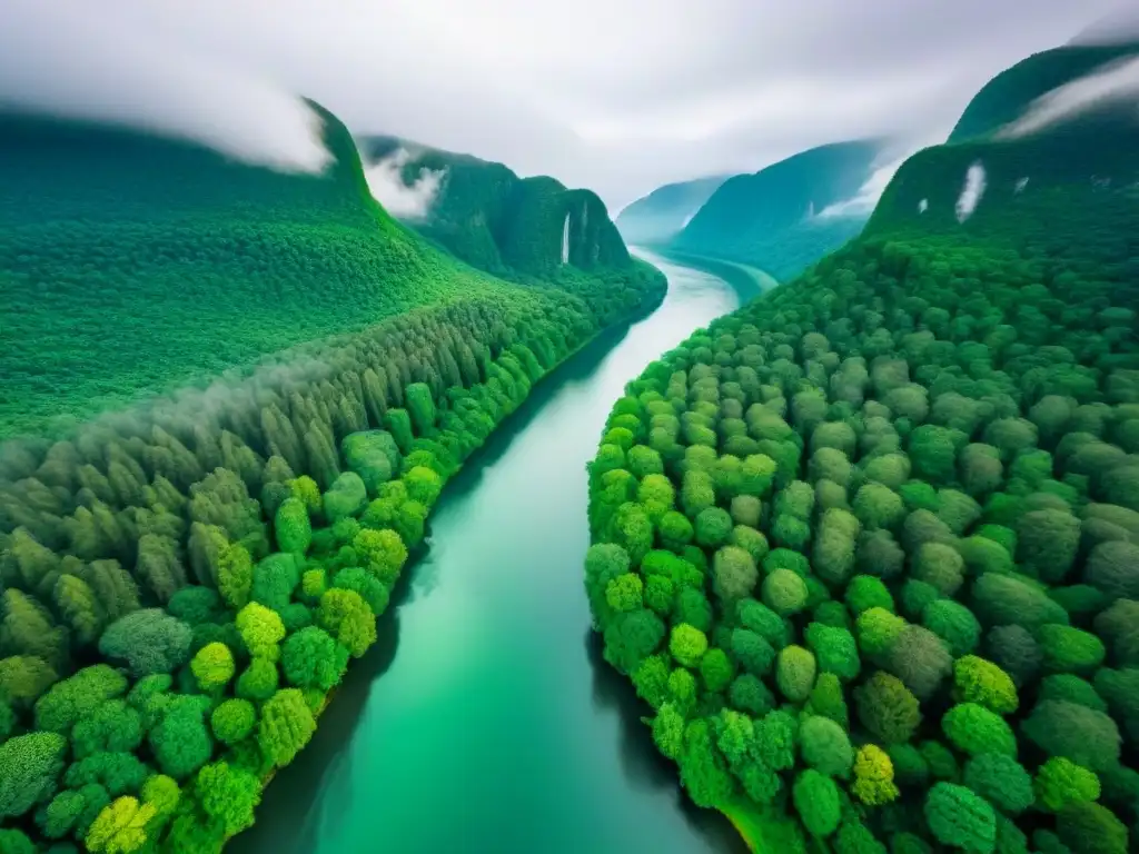 Esplendor natural: Bosque verde con río serpenteante Vista aérea impresionante de un bosque verde con un río serpenteante, reflejando la belleza de la naturaleza