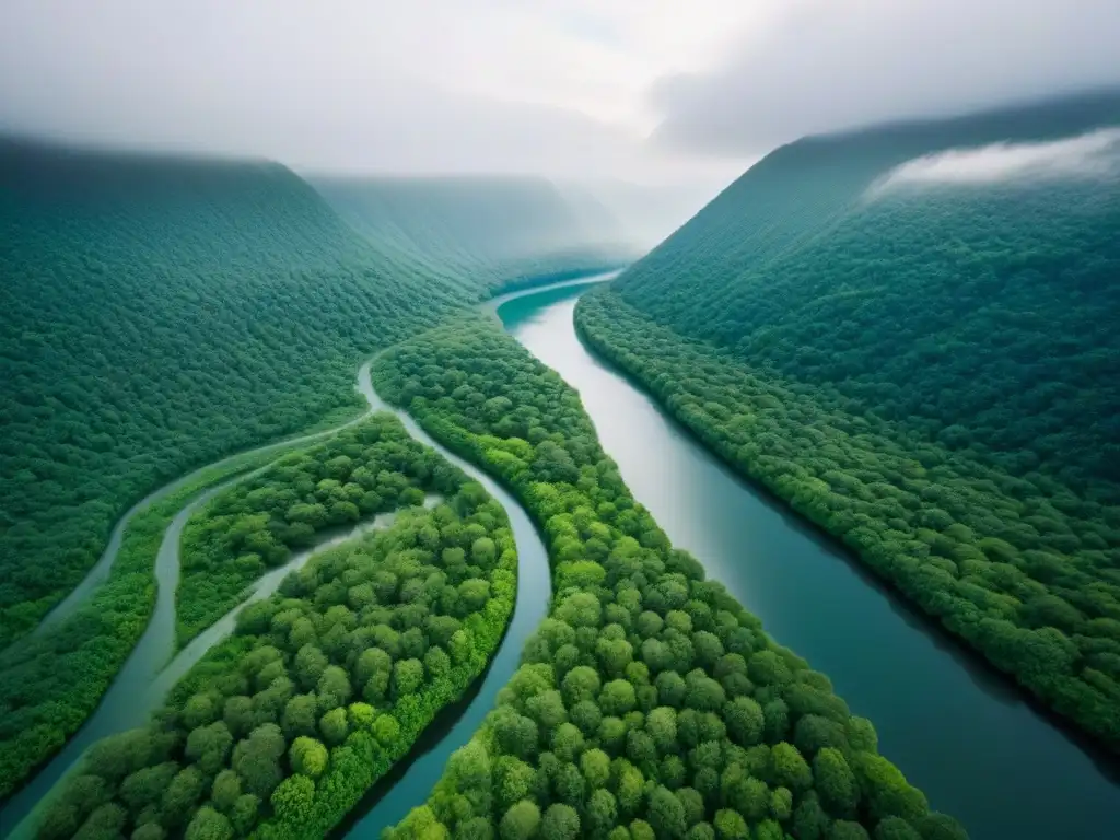 Armonía natural: bosques vibrantes junto a ríos claros Vista aérea impresionante de bosques verdes y ríos claros, epitomizando la preservación suelos restauración paisajes naturales