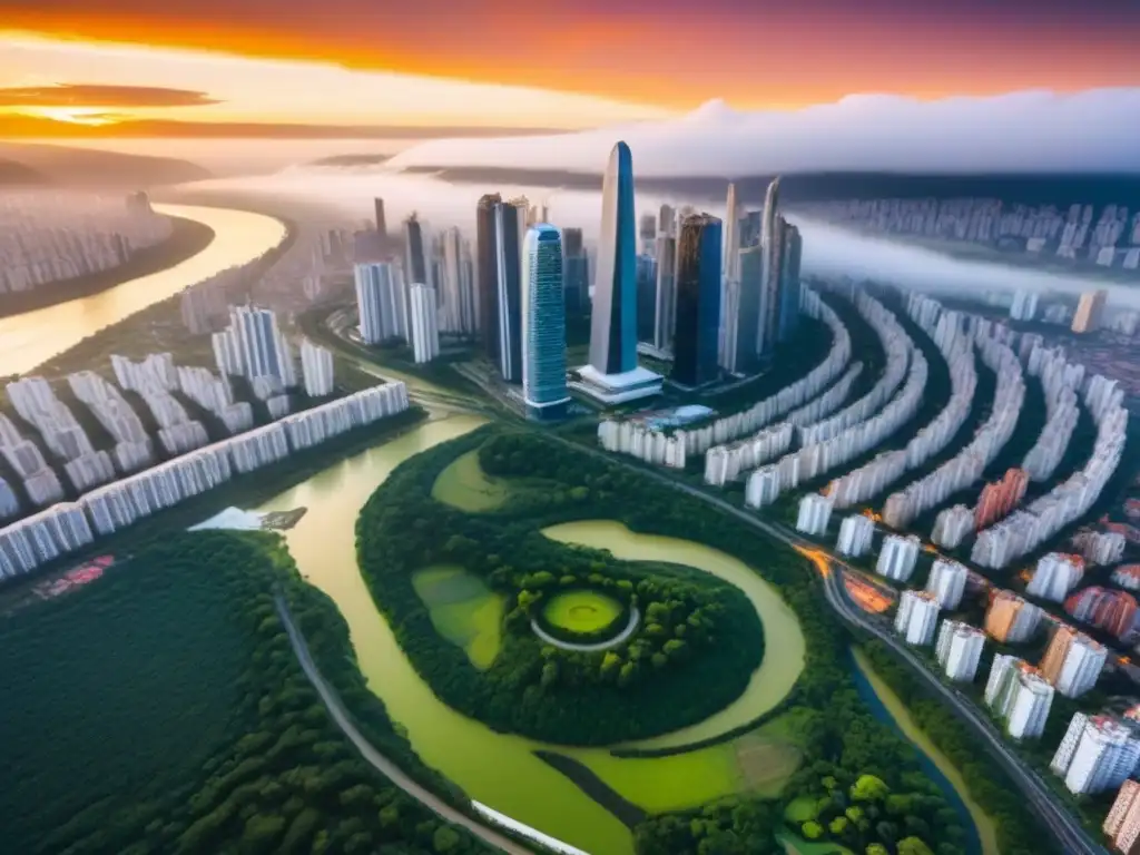 Metrópolis vibrante: Sunset sobre moderna ciudad sudamericana Vista aérea impresionante de una bulliciosa ciudad en Sudamérica, reflejando las tendencias del mercado inmobiliario en la región
