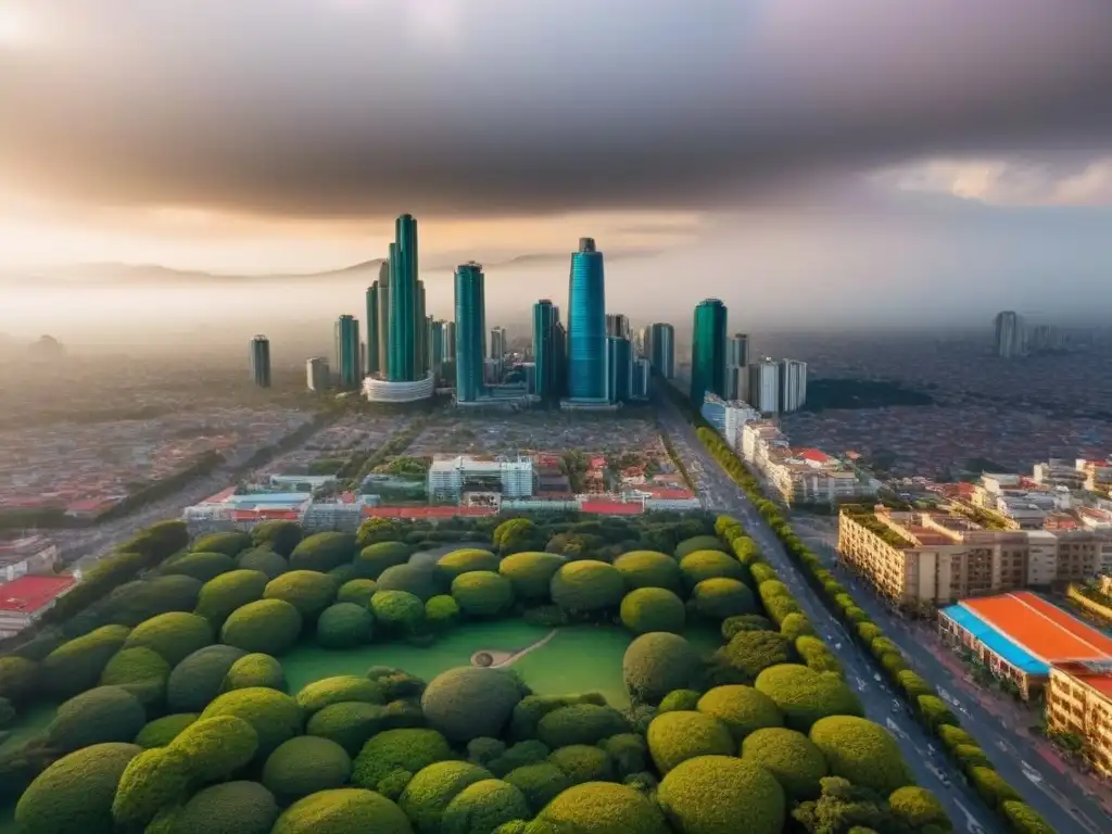 Esplendor urbano: Ciudad mexicana con rascacielos icónicos y vida vibrante Vista aérea impresionante de una bulliciosa ciudad mexicana con rascacielos icónicos y edificios residenciales, parques verdes y vida urbana vibrante