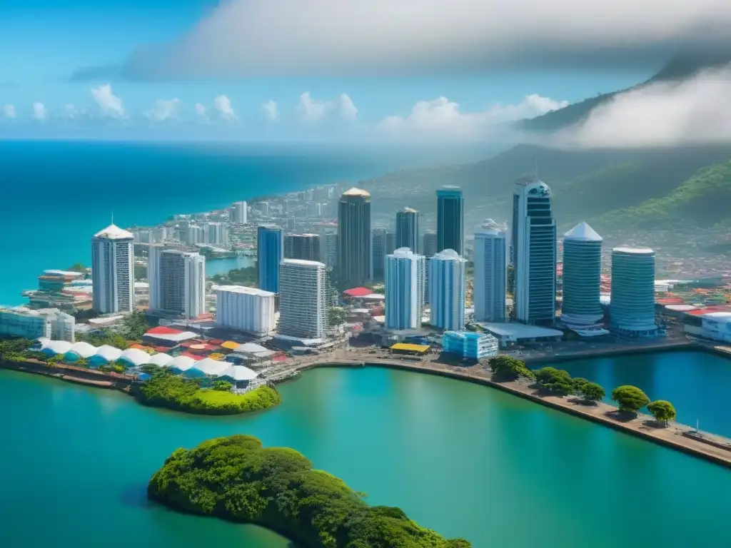 Espléndida vista aérea de Puerto España en Trinidad y Tobago Vista aérea impresionante del bullicioso Puerto España en Trinidad y Tobago, mostrando el paisaje urbano vibrante frente al resplandeciente Mar Caribe
