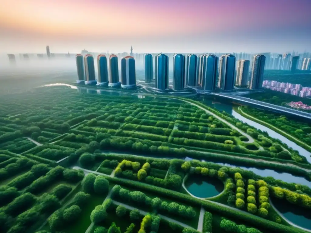 Metrópolis futurista: hogares inteligentes y sostenibles Vista aérea impresionante de una ciudad futurista con edificios altos, áreas verdes y diseños innovadores de viviendas, reflejando tendencias diseño ubicación viviendas postCOVID