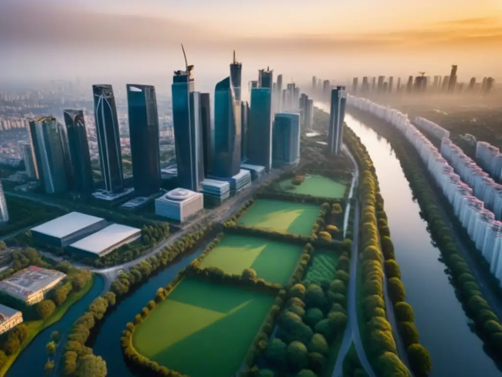 Horizonte urbano dorado: crecimiento inmobiliario en la ciudad Vista aérea impresionante de una ciudad bulliciosa con rascacielos reflejando la luz dorada del atardecer