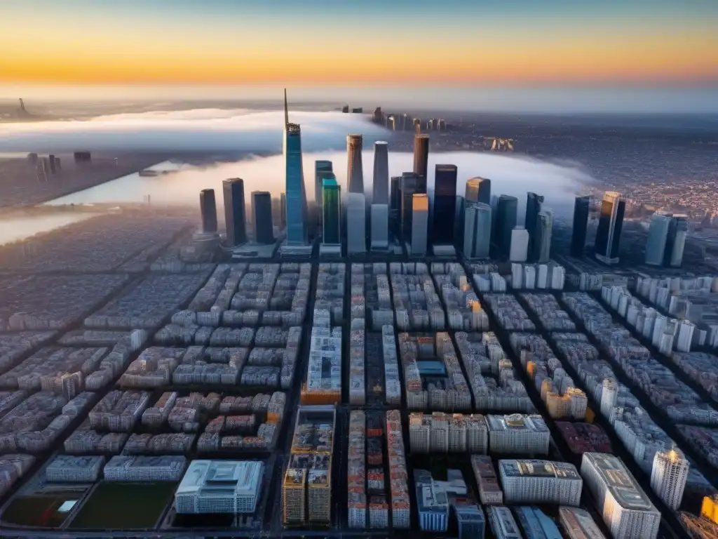 Horizonte urbano al atardecer: modernidad y tradición en armonía Una vista aérea impresionante de una ciudad bulliciosa con rascacielos, reflejando tendencias económicas subastas inmobiliarias