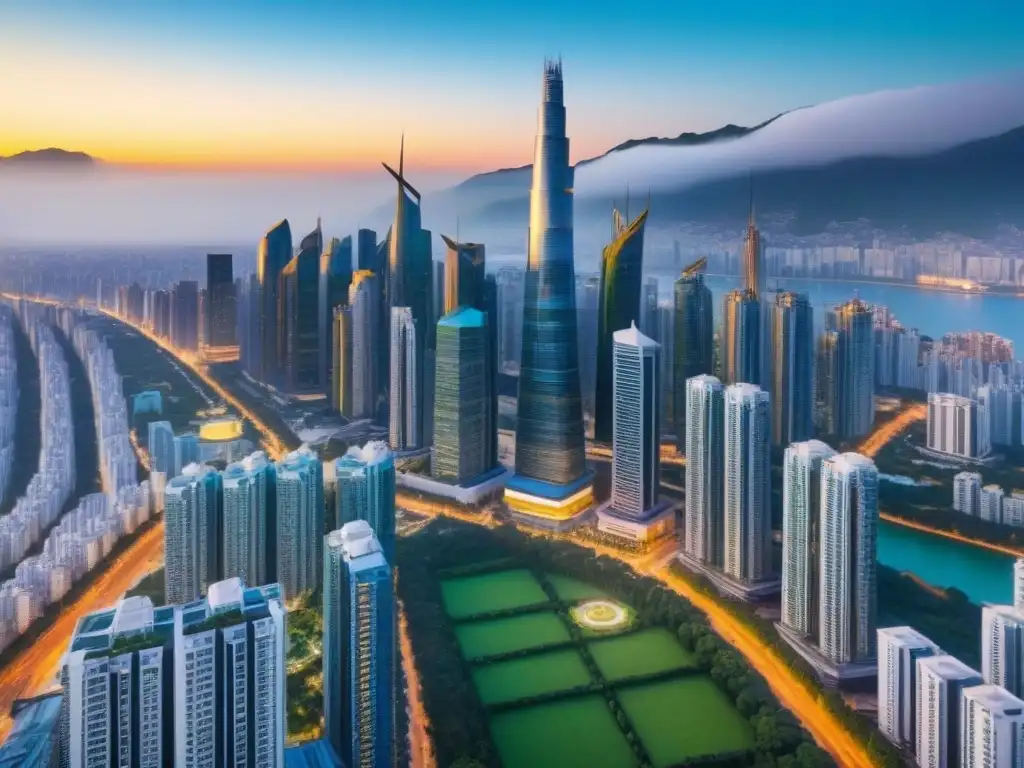 Esplendor urbano: metrópolis de lujo y arquitectura moderna Una vista aérea impresionante de una ciudad vibrante llena de rascacielos y edificios de lujo en mercados emergentes propiedades lujo