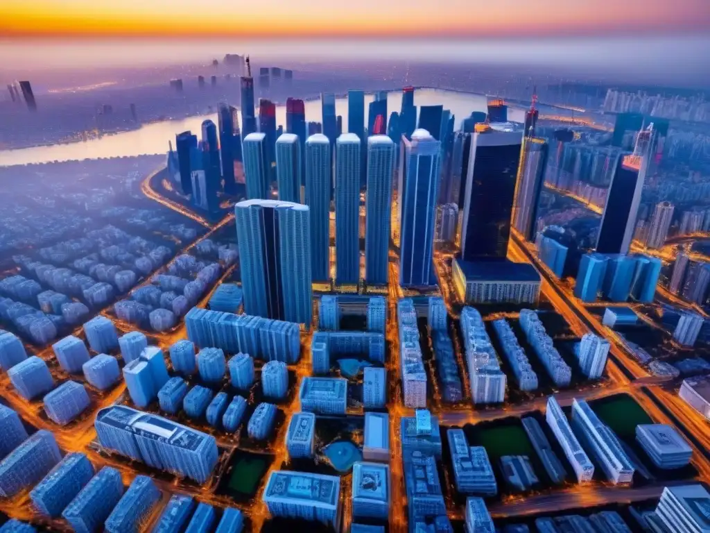 Espléndido horizonte urbano al atardecer: mercado inmobiliario en auge Vista aérea impresionante de ciudad moderna con rascacielos y lujosos edificios residenciales, reflejo de la ética en marketing inmobiliario