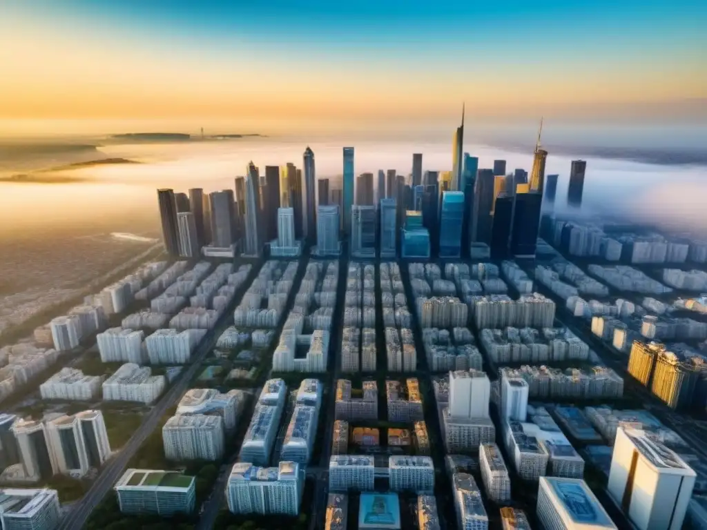 Vibrante mercado inmobiliario: ciudad con rascacielos y diversidad urbana Vista aérea impresionante de la ciudad con rascacielos modernos y edificios residenciales, reflejando la transparencia del mercado inmobiliario