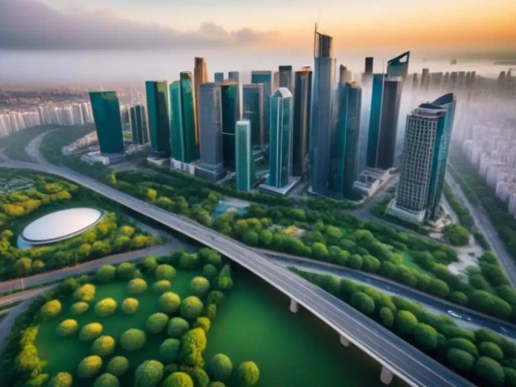 Vista aérea impactante de ciudad moderna y transparente Vista aérea impresionante de una ciudad bulliciosa con rascacielos modernos, parques verdes y calles llenas de gente y vehículos, resaltando la importancia de la transparencia en la inversión inmobiliaria