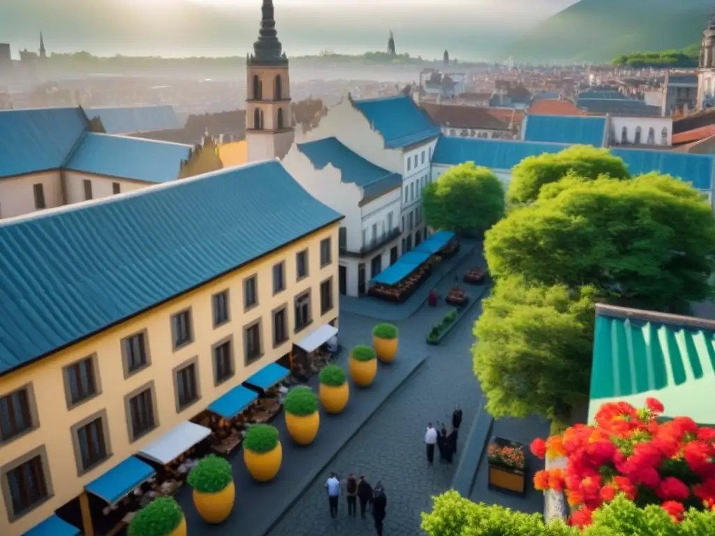 Esplendor histórico: ciudad restaurada con encanto y colorido Vista aérea impresionante de una ciudad histórica con edificios restaurados y coloridos tejados, calles empedradas y una plaza central animada