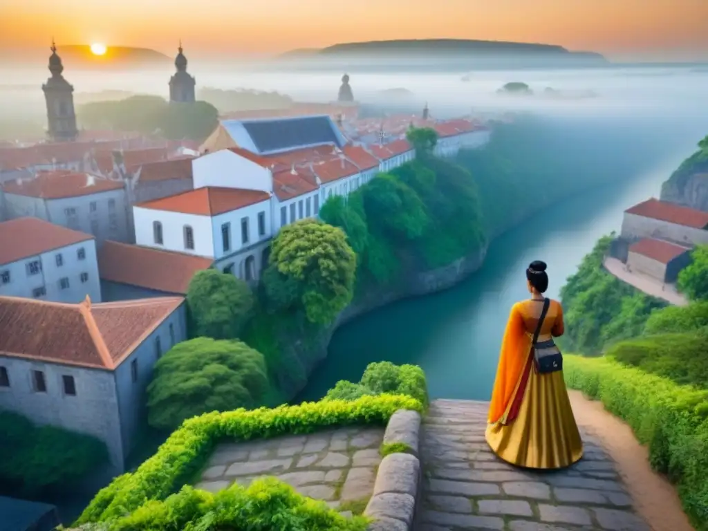 Esplendor histórico y sostenible: ciudad antigua desde las alturas Vista aérea impresionante de una ciudad histórica, con arquitectura detallada y calles empedradas, bañadas por la luz dorada del atardecer