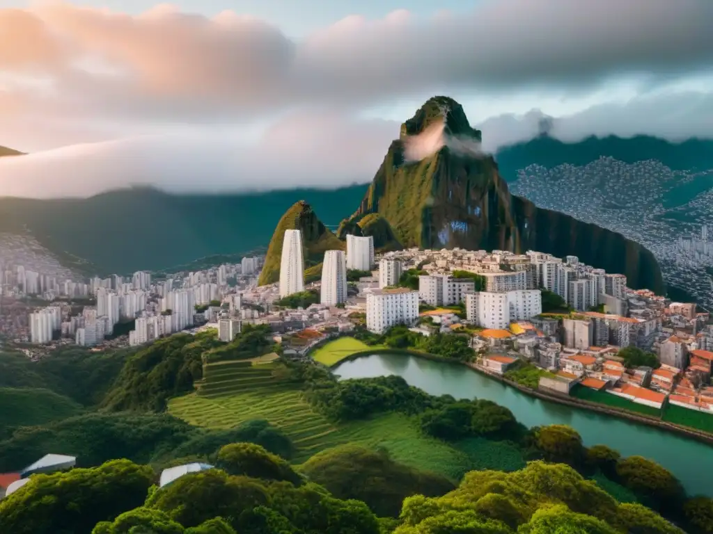 Horizonte urbano vibrante en Sudamérica: crecimiento inmobiliario Vista aérea impresionante de una ciudad bulliciosa en Sudamérica, con rascacielos modernos y barrios vibrantes, simbolizando el crecimiento y desarrollo en el sector de inversiones inmobiliarias en Sudamérica