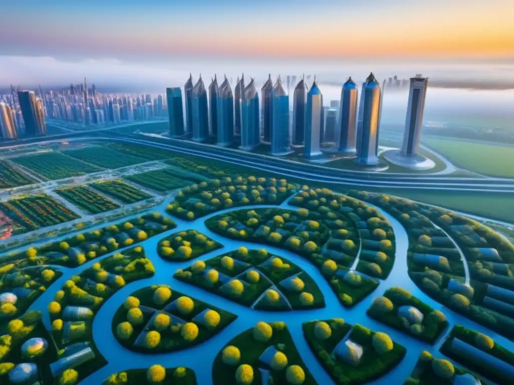 Horizonte futurista: ciudad sostenible con tecnología ecoamigable Una vista aérea impresionante de una ciudad futurista sostenible, con edificios ecoamigables y tecnología verde