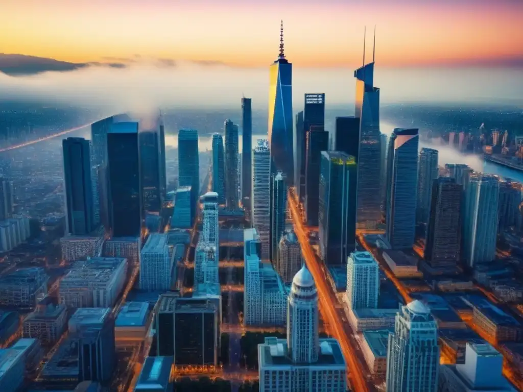 Horizonte urbano vibrante: arquitectura moderna y energía financiera Vista aérea impresionante de una ciudad bulliciosa con rascacielos imponentes, reflejando las fluctuaciones mercado inmobiliario internacional
