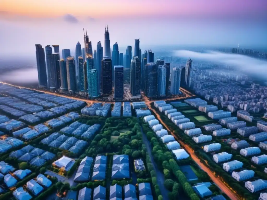 Vibrante paisaje urbano con rascacielos en crecimiento Vista aérea impresionante de una ciudad bulliciosa con rascacielos imponentes, reflejando un mercado inmobiliario próspero en el extranjero