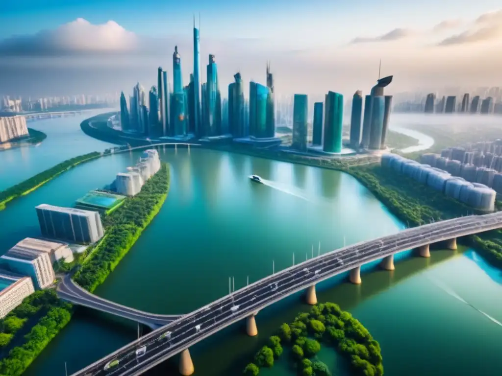 Metrópolis futurista: símbolo de la sofisticación inmobiliaria global Vista aérea impresionante de una ciudad futurista con rascacielos elegantes, reflejando la modernidad y sofisticación del mercado inmobiliario global