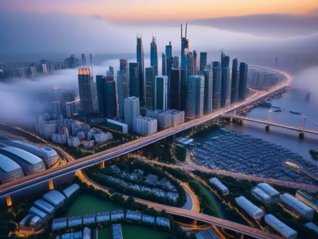 Metrópolis: panorama urbano impresionante para inversores Vista aérea impresionante de una ciudad bulliciosa con rascacielos, arquitectura moderna y una red de calles y puentes, ideal para el análisis mercado inmobiliario para inversores