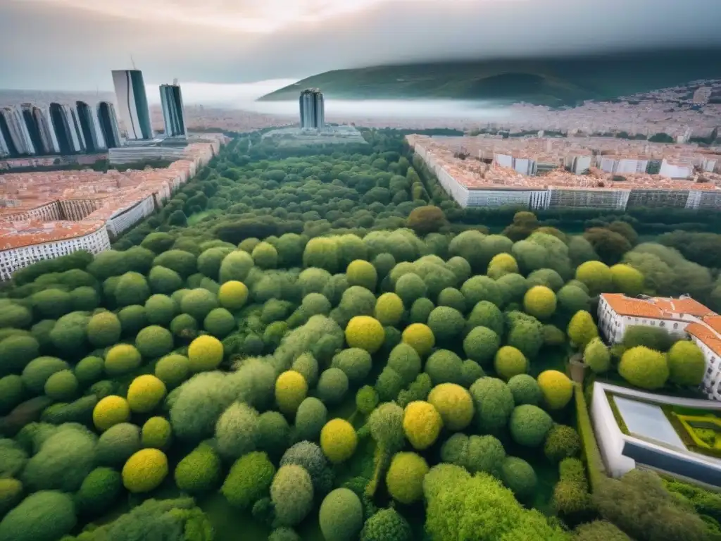 Resurgimiento urbano en España: ciudad pospandémica Vista aérea impresionante de una ciudad española postpandemia, fusionando arquitectura tradicional y moderna