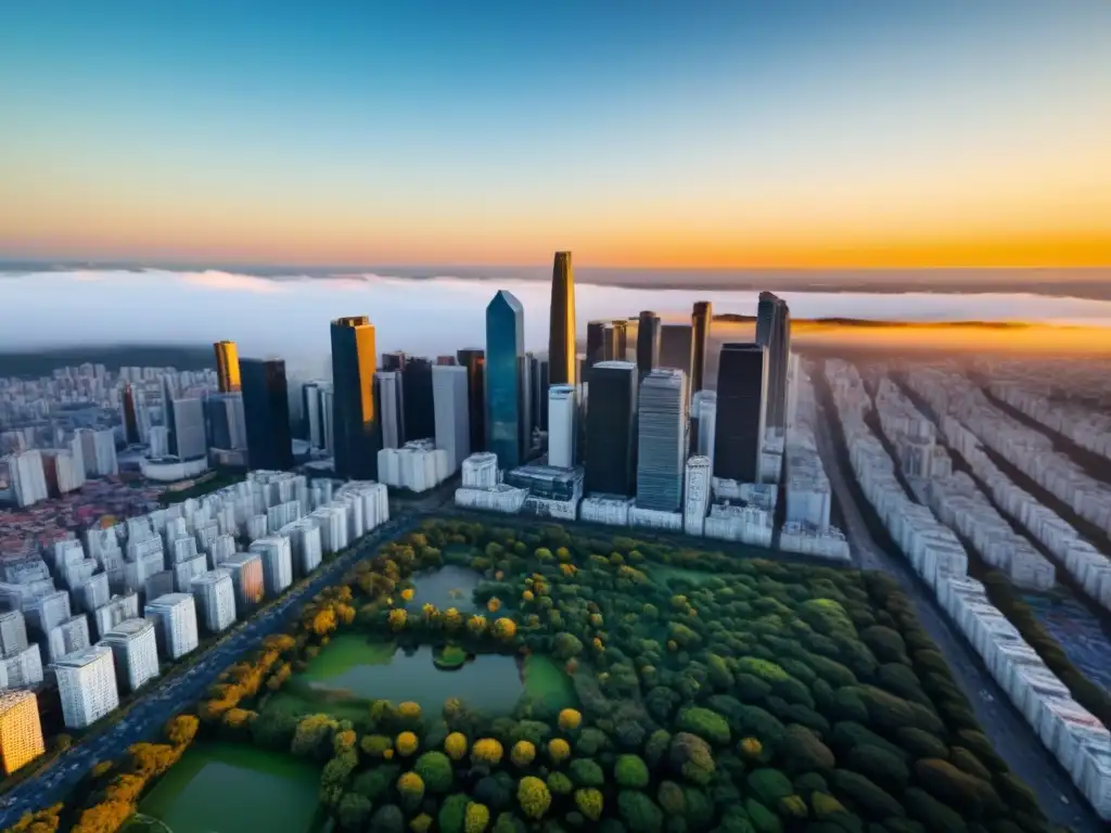 Vibrante ciudad sudamericana: mezcla de modernidad y historia Vista aérea impresionante de una ciudad vibrante en Sudamérica, un equilibrio entre lo moderno y lo histórico, con parques verdes
