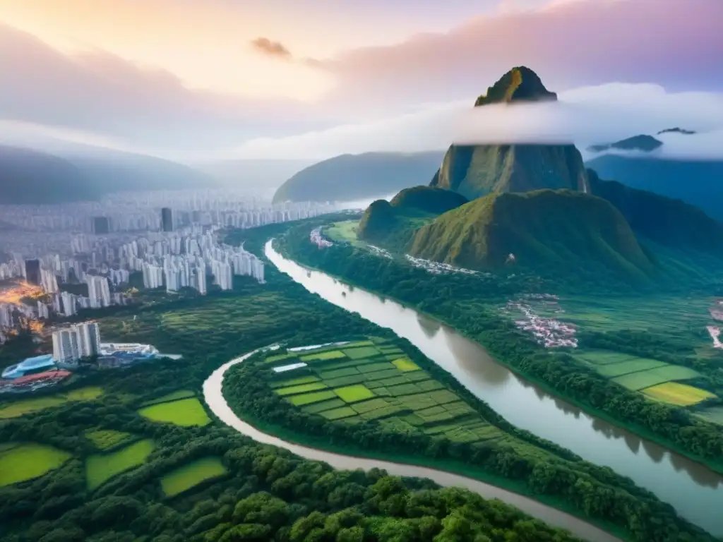 Cityscape moderno en Sudamérica: fusión urbana y natural Vista aérea impresionante de una ciudad bulliciosa en Sudamérica con edificios modernos rodeados de vegetación y un río