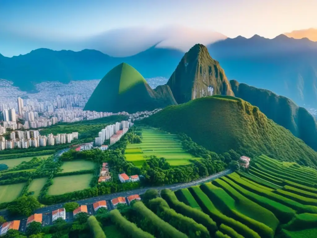 Vista aérea impactante de una ciudad sudamericana en crecimiento Vista aérea impresionante de la ciudad en Sudamérica, con rascacielos modernos, espacios verdes y barrios vibrantes