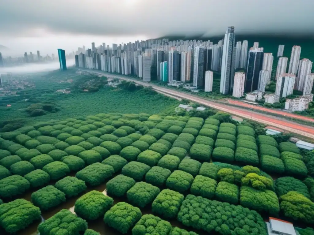 Cityscape moderno en Sudamérica con redes sociales integradas Una vista aérea impresionante de una ciudad en Sudamérica, con rascacielos modernos, naturaleza exuberante y redes sociales integradas
