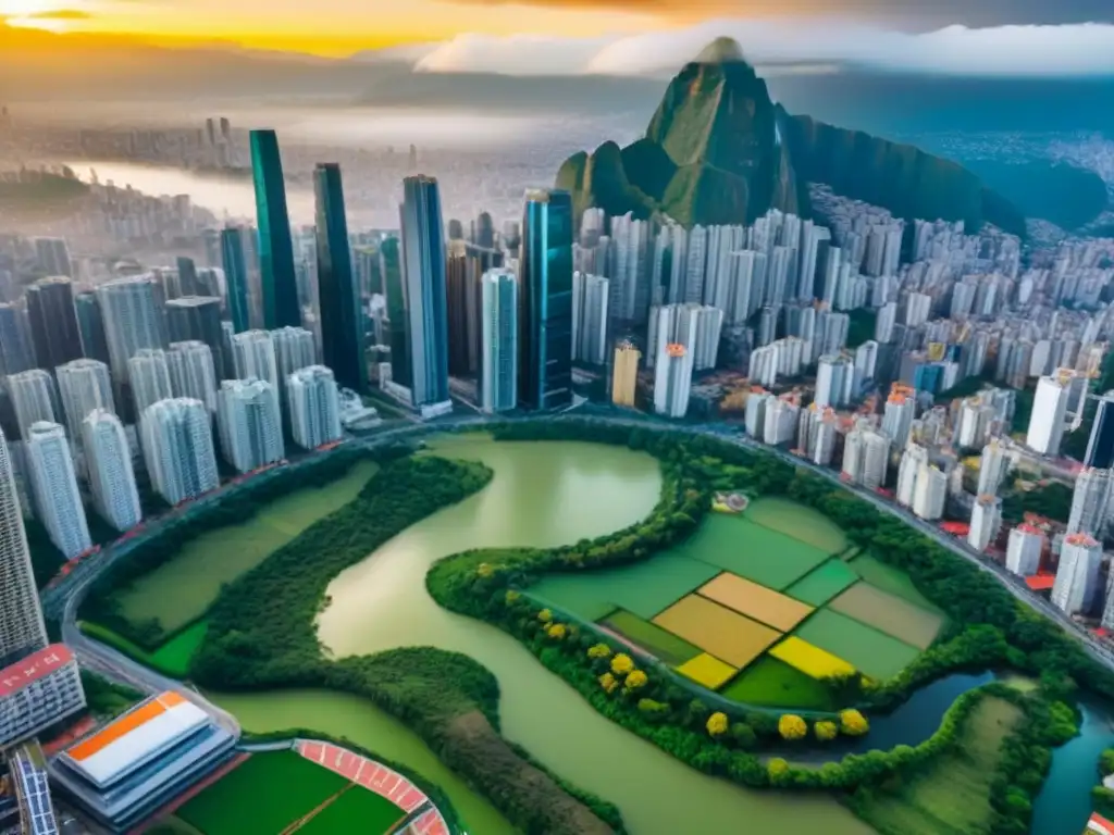 Inversiones inmobiliarias en América del Sur: paisaje urbano vibrante Una vista aérea impresionante de una ciudad bulliciosa en Sudamérica, con rascacielos modernos y edificios históricos entre parques verdes y ríos