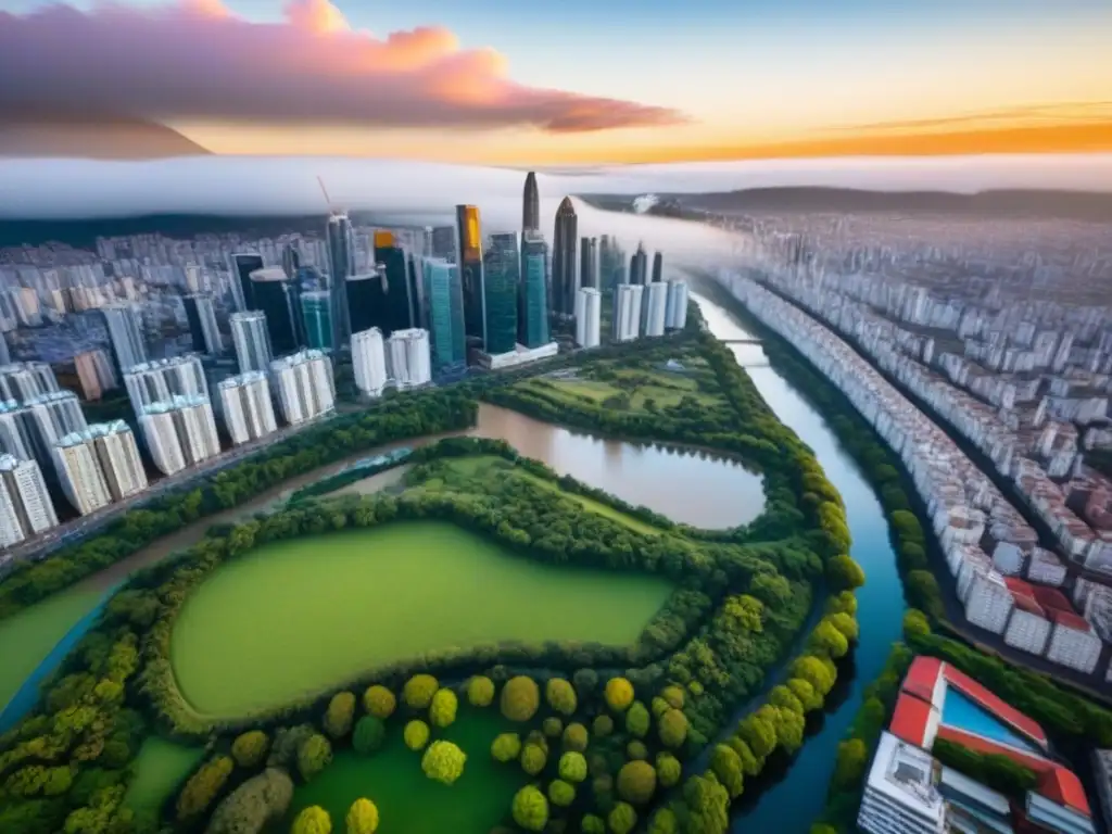 Metrópolis vibrante en Sudamérica: inversión inmobiliaria en crecimiento Vista aérea impresionante de una ciudad vibrante en Sudamérica, muestra rascacielos modernos y edificios históricos junto a parques verdes y ríos