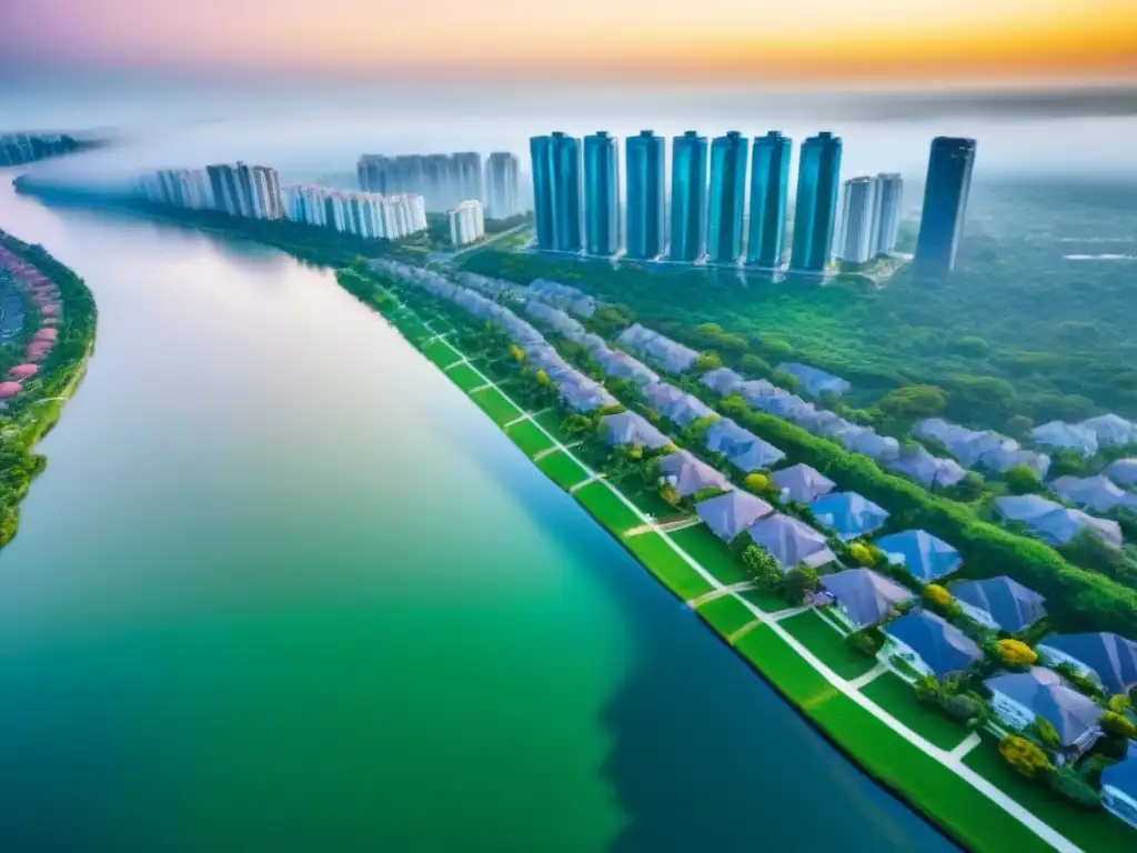 Variedad de propiedades en una ciudad vibrante Vista aérea impresionante de una ciudad diversa con los mejores tipos de propiedades inmobiliarias en un mercado vibrante y dinámico
