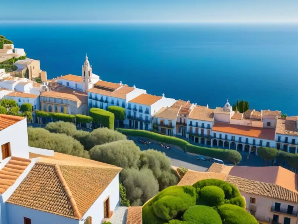 Encanto español: ciudad vibrante con arquitectura única y vida mediterránea Una vista aérea impresionante de una ciudad española vibrante, con edificios coloridos y calles empedradas