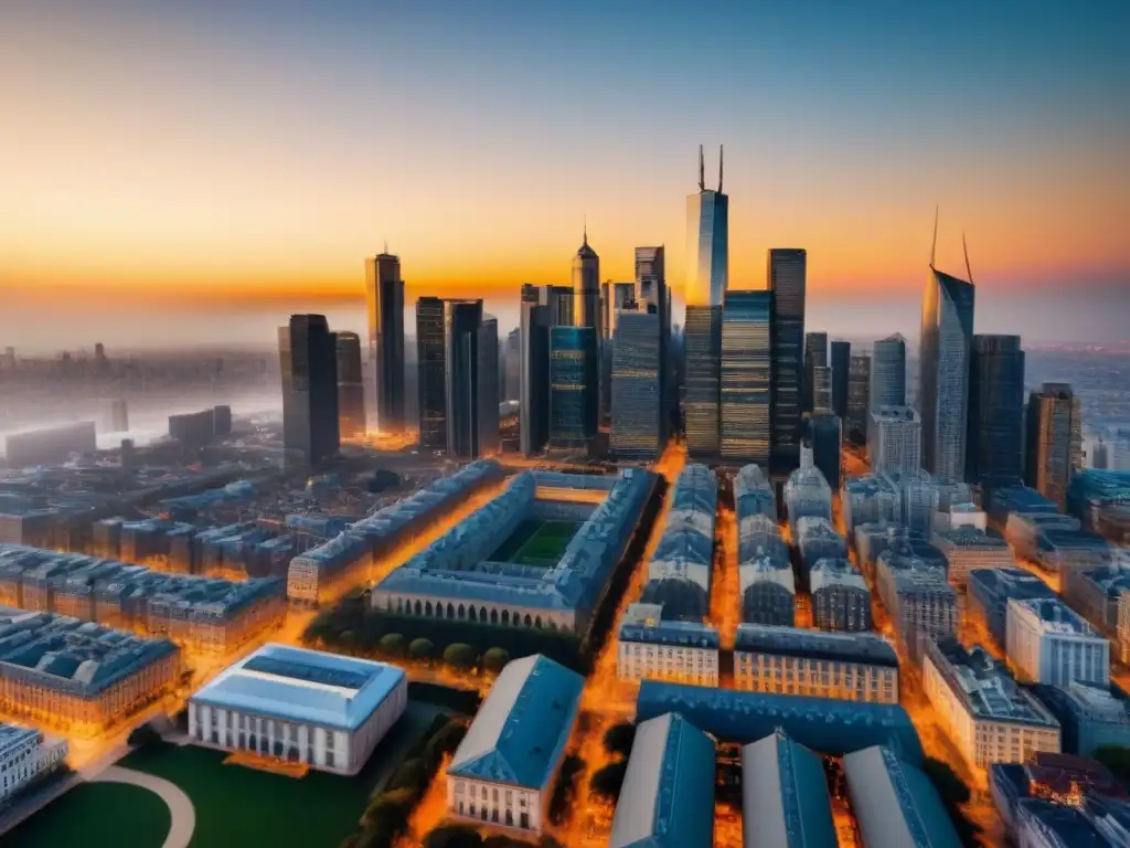 Arquitectura urbana: fusión histórica y moderna en ciudad vibrante Vista aérea impresionante de una ciudad con rascacielos modernos y edificios históricos, reflejando estrategias inversión inmobiliaria equilibradas