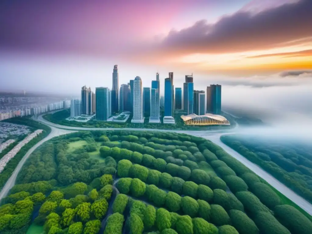 Vista aérea impresionante de ciudad diversa y sostenible Vista aérea impresionante de una ciudad diversa con arquitectura moderna y espacios verdes, simbolizando estrategias para diversificar cartera inmobiliaria