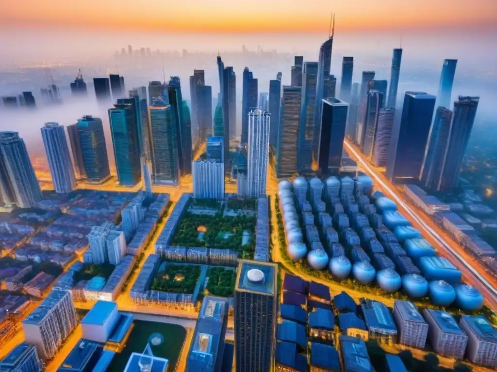 Cityscape moderno: Oportunidades de inversión en bienes raíces Vista aérea impresionante de una ciudad moderna llena de rascacielos, simbolizando ventajas hipotecas inversión inmobiliaria