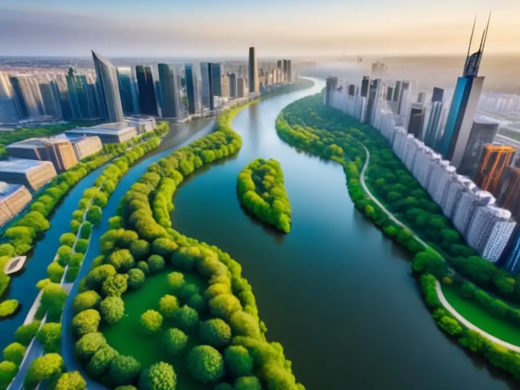 Inversiones inmobiliarias: diversidad urbana Vista aérea impresionante de una ciudad diversa con rascacielos modernos, edificios históricos, parques verdes y río