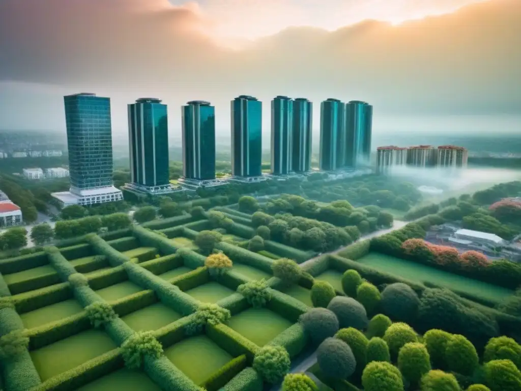 Metrópolis vibrante: diversidad urbana y arquitectónica Vista aérea impresionante de una ciudad diversa, con propiedades residenciales y comerciales, rascacielos, parques verdes y calles vibrantes