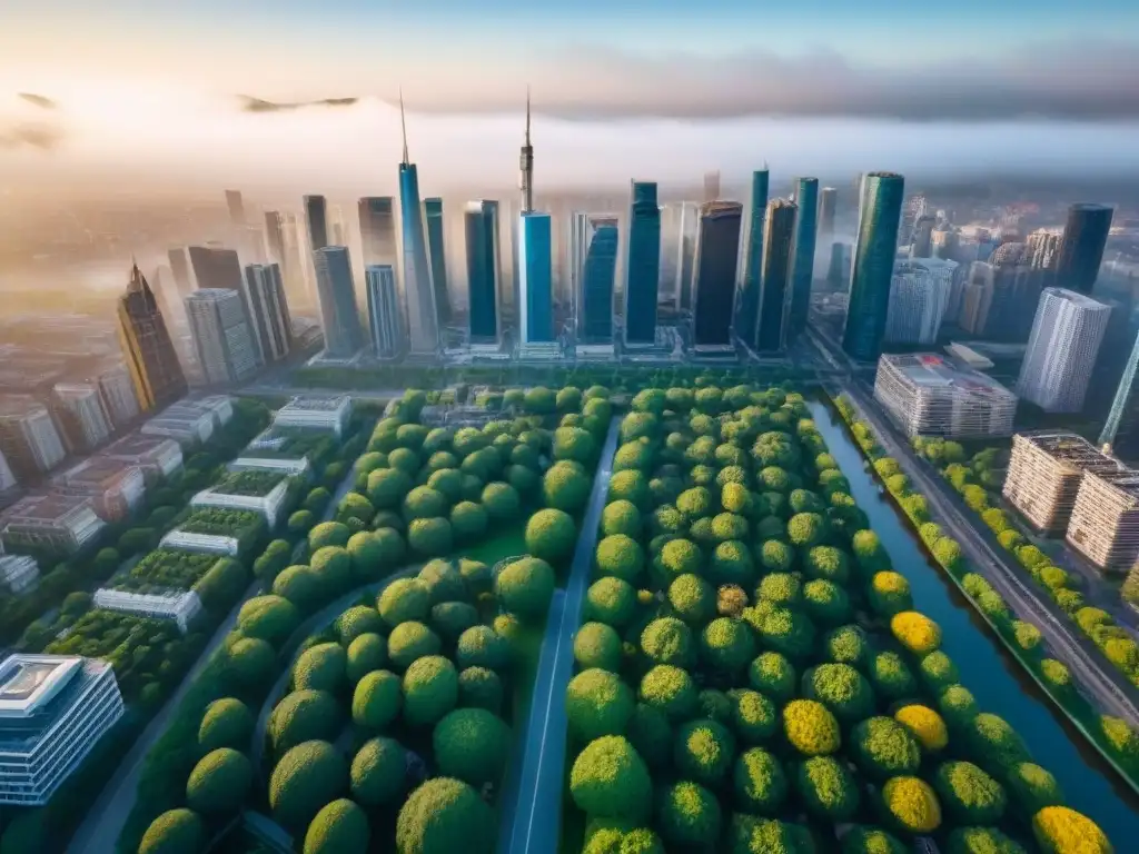 Panorámica urbana multicultural: diversidad arquitectónica y humana Vista aérea impresionante de una ciudad bulliciosa con diversidad arquitectónica, parques verdes y gente de distintas edades y etnias