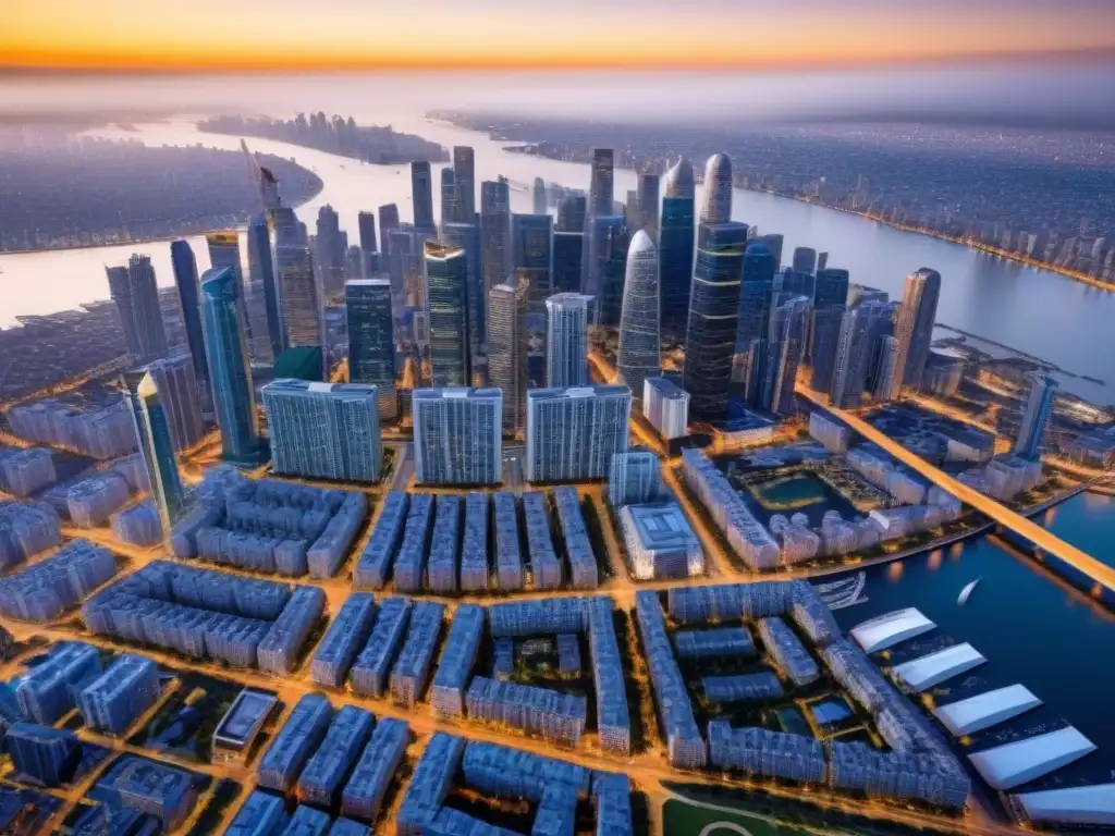 Metrópolis diversa y vibrante: inversiones inmobiliarias de vanguardia Vista aérea impresionante de una ciudad moderna y diversa, reflejando estrategias de inversión inmobiliaria y diversificación urbana