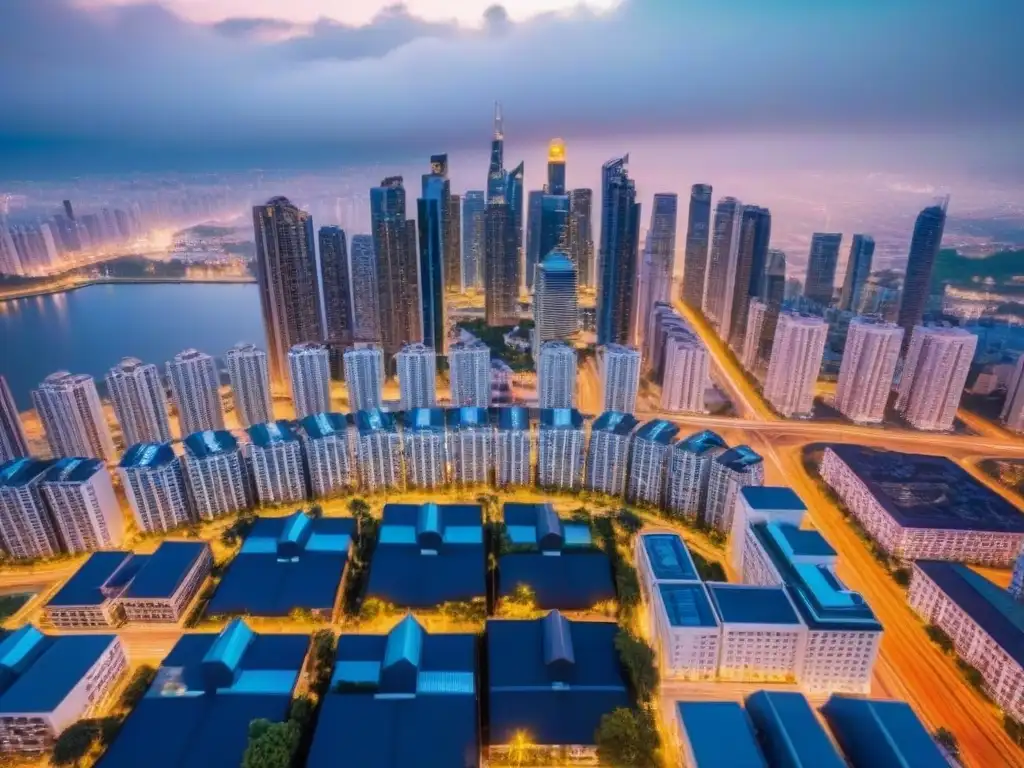 Inversión inmobiliaria: ciudad moderna y vibrante Vista aérea impresionante de ciudad con rascacielos y edificios residenciales, reflejando un mercado inmobiliario vibrante