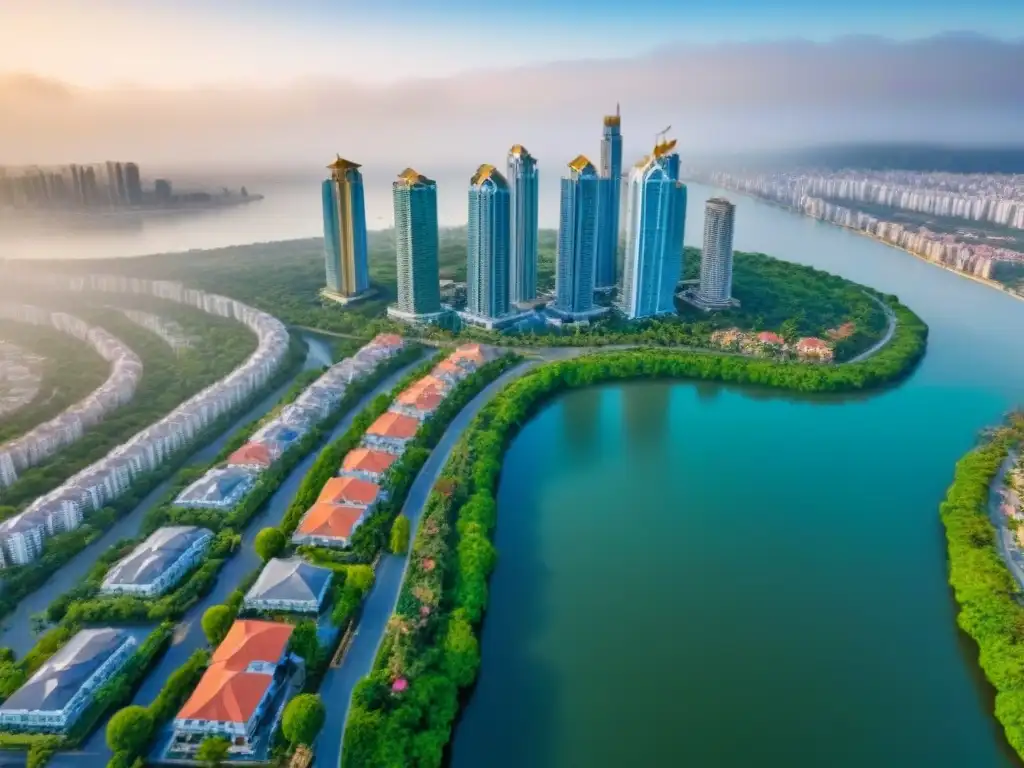 Oportunidades de inversión en diverso mercado inmobiliario urbano Vista aérea impresionante de una ciudad con diversidad de propiedades inmobiliarias, rodeada de naturaleza