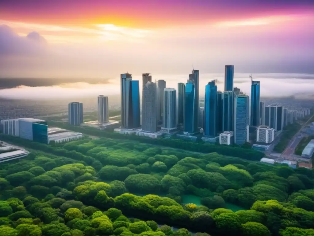 Metrópolis vibrante: rascacielos modernos y parques verdes Vista aérea impresionante de una ciudad con rascacielos modernos rodeados de parques verdes, mostrando la armonía entre urbanismo y naturaleza en una metrópoli vibrante