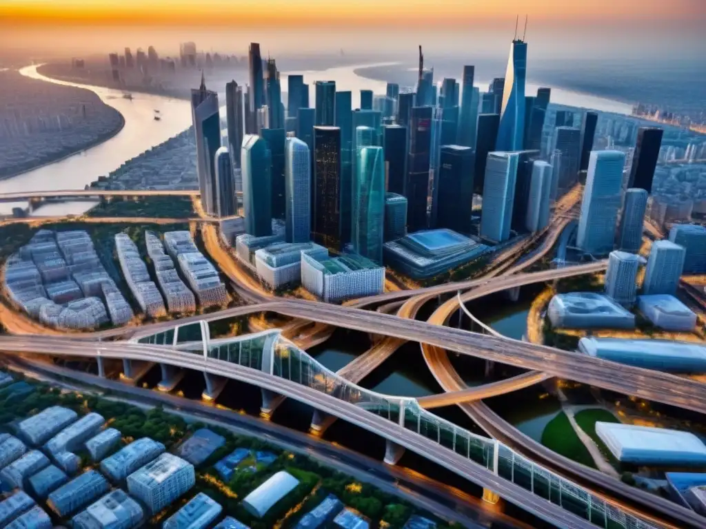 Vibrante ciudad de rascacielos: oportunidades inmobiliarias en ascenso Vista aérea impresionante de una ciudad bulliciosa con rascacielos modernos, reflejando el dinámico panorama inmobiliario