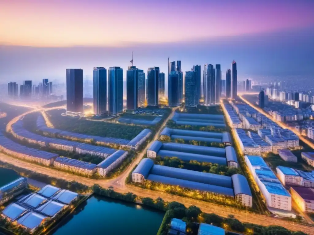 Metrópolis moderna: luces y oportunidades inmobiliarias Vista aérea impresionante de una ciudad vibrante con rascacielos modernos y edificios residenciales, ilustrando el próspero mercado inmobiliario