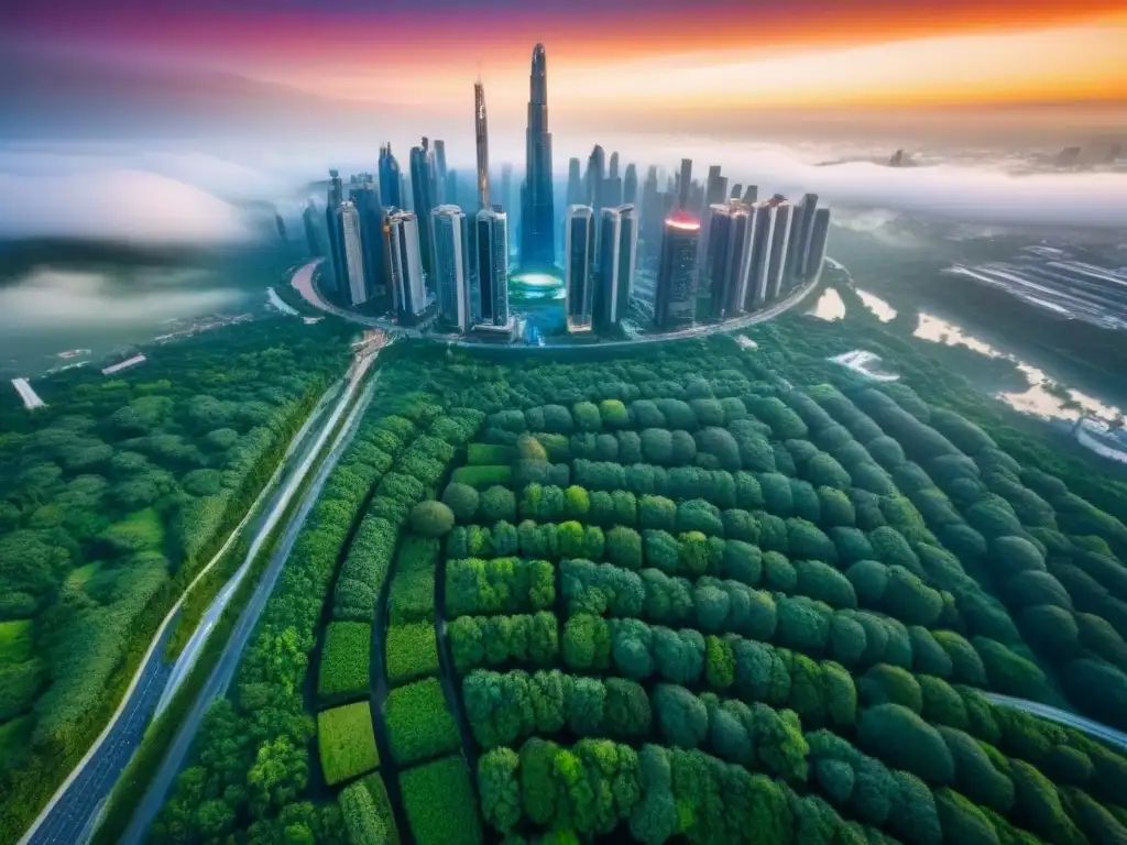 Metrópolis futurista sostenible: arquitectura verde y tecnología eco Una vista aérea impresionante de una ciudad futurista con rascacielos sostenibles rodeados de vegetación, mostrando tecnologías amigables con el medio ambiente integradas en el paisaje urbano