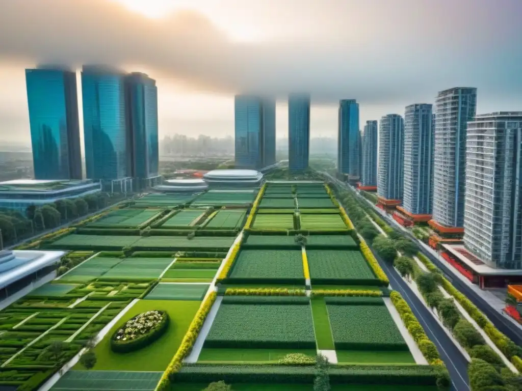 Deslumbrante ciudad integrada: rascacielos, tiendas y parques urbanos Vista aérea impresionante de una ciudad vibrante con desarrollo de uso mixto