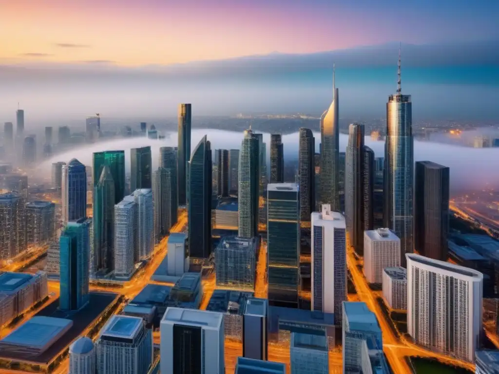 Metrópolis moderna: Gestión de riesgos en bienes raíces Vista aérea impresionante de una ciudad moderna, resaltando la gestión de riesgos en bienes raíces