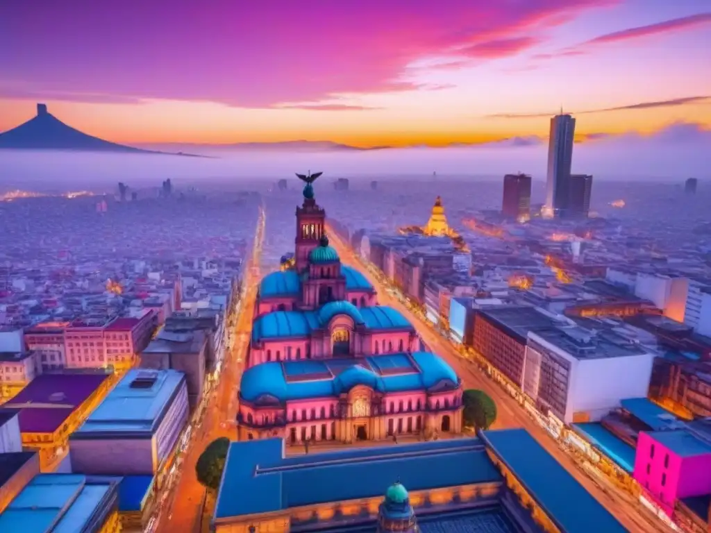 Espléndida vista aérea de la Ciudad de México con el Ángel de la Independencia al atardecer Una vista aérea impresionante de la Ciudad de México, con rascacielos, calles bulliciosas, el Ángel de la Independencia y un vibrante atardecer